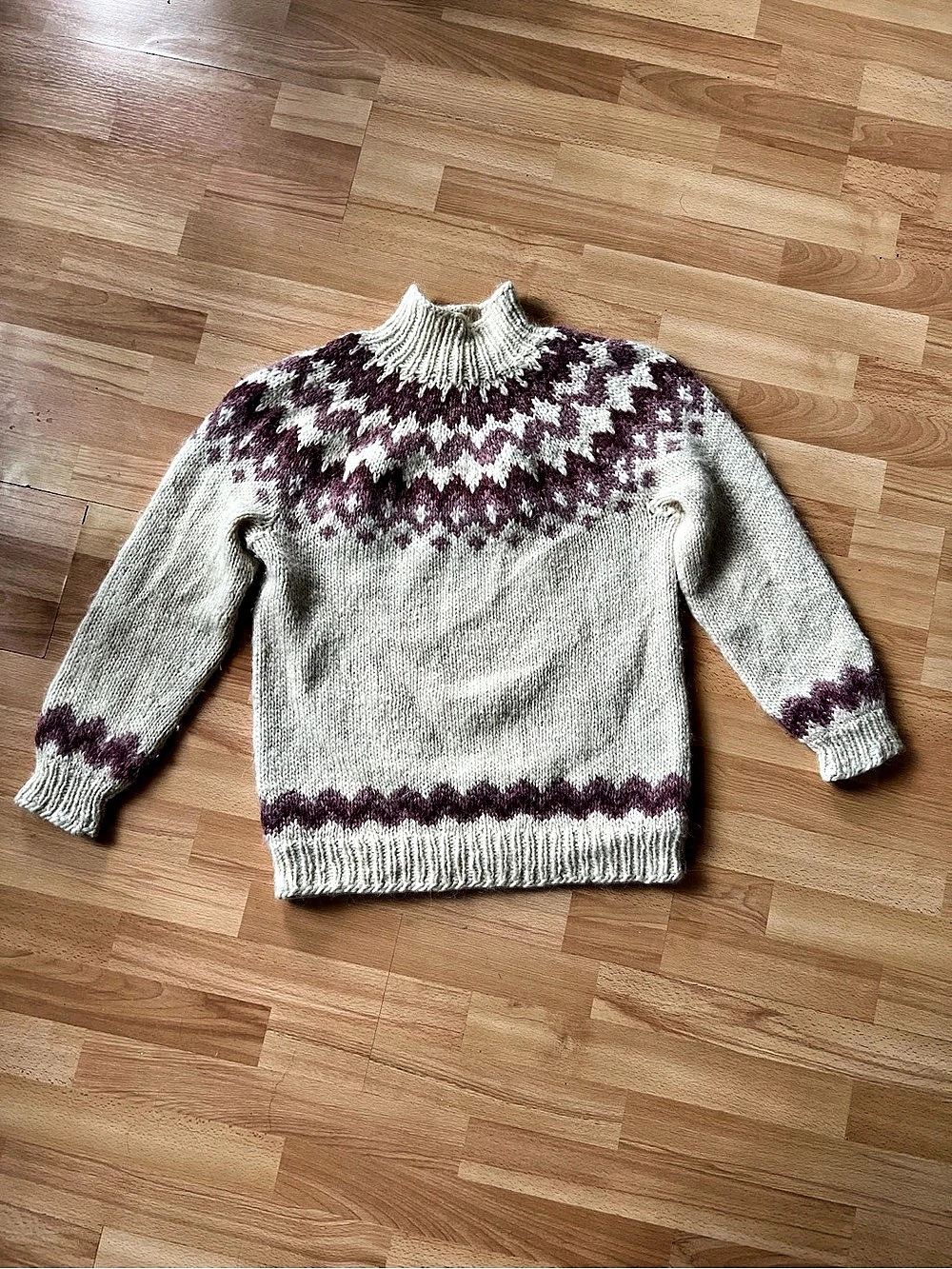 Nordic Fair Isle Knit funnel neck mohair + wool blend in Cream & light pink